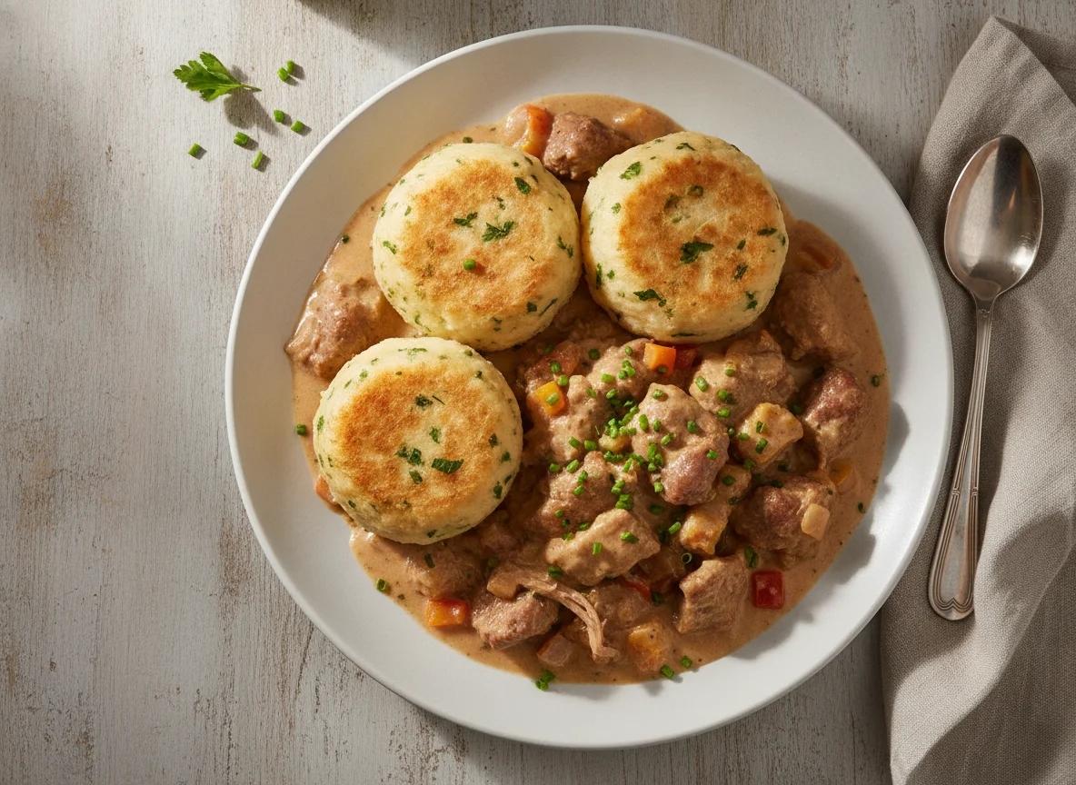 Schweinegulasch mit Semmelknödeln photo