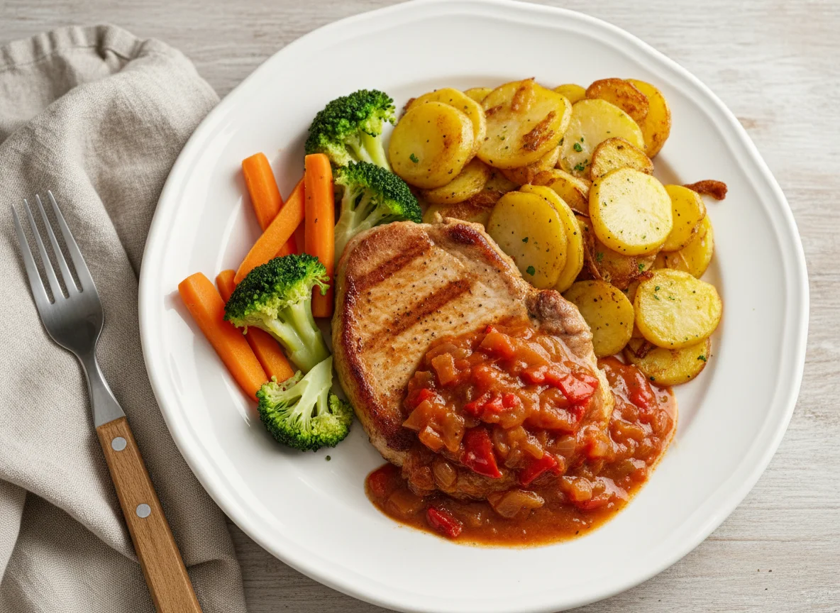 Schweinekotelett mit Bratkartoffeln und Gemüse photo