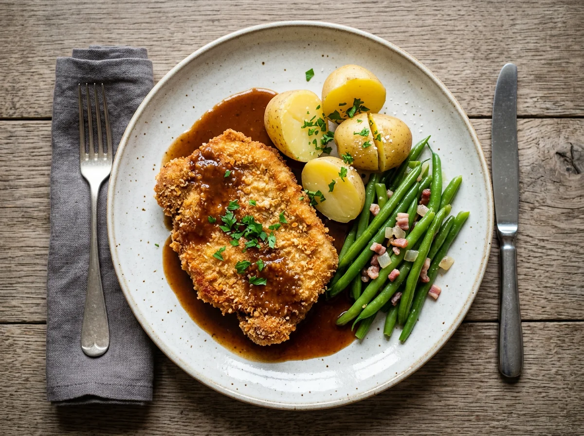 Schweinekotelett mit Kartoffeln, grünen Bohnen und Soße photo