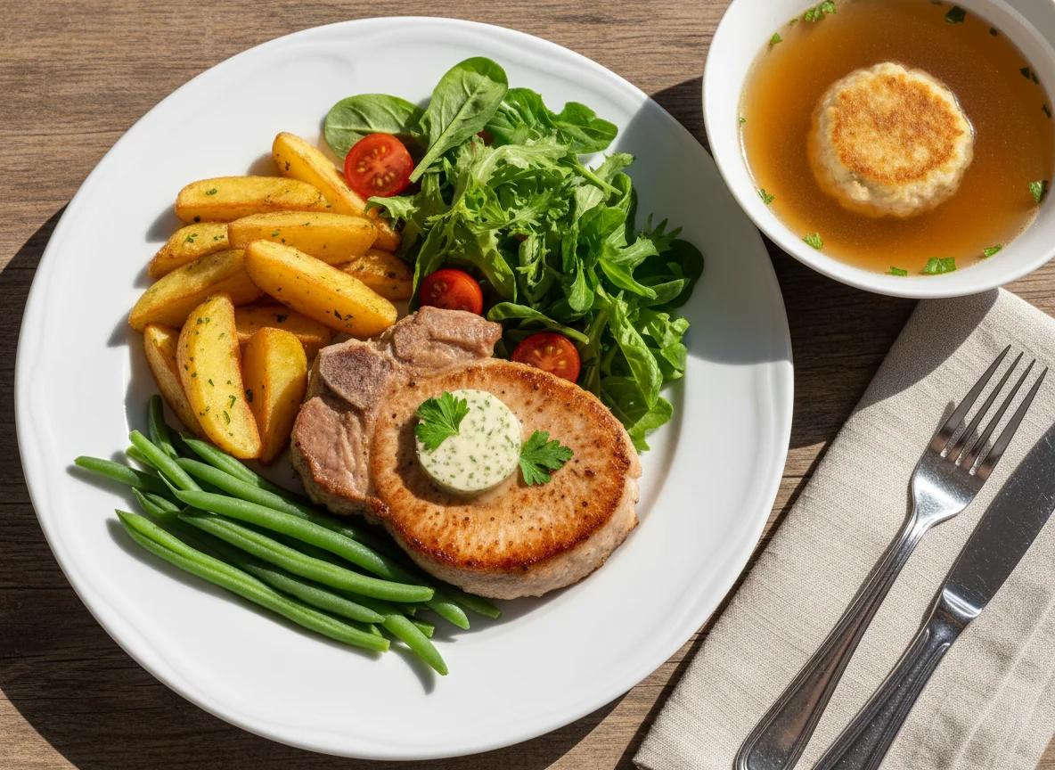 Schweinekotelett mit Kartoffelspalten, grünen Bohnen und Suppe photo