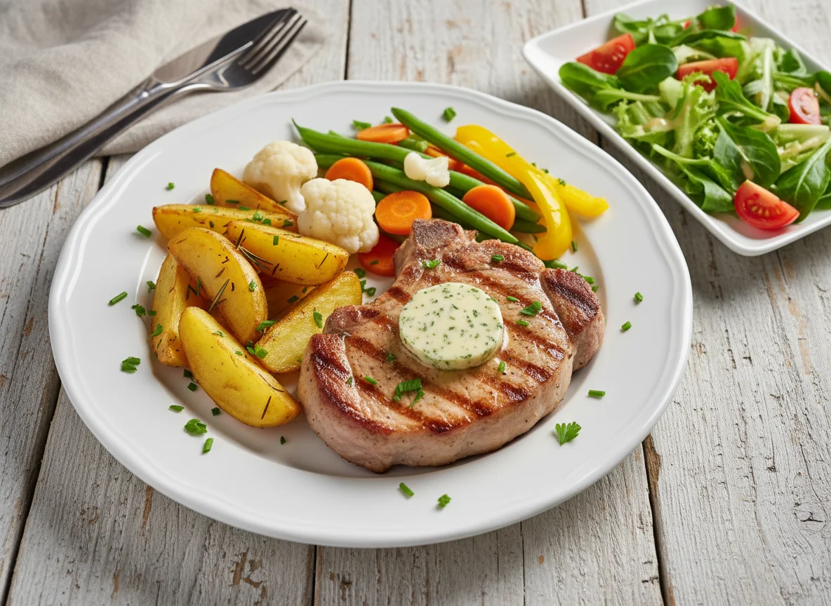 Schweinekotelett mit Kartoffelspalten und Gemüse photo