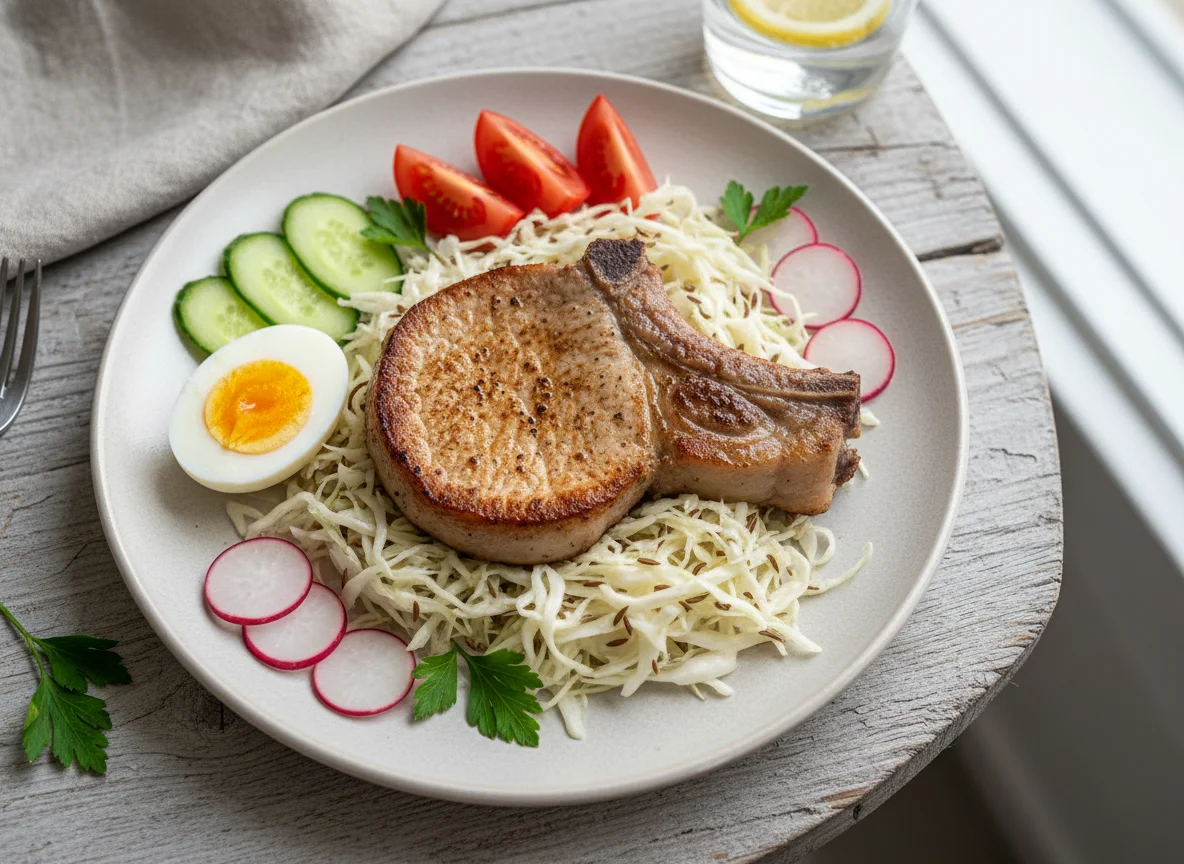 Schweinekotelett mit Krautsalat und Ei photo