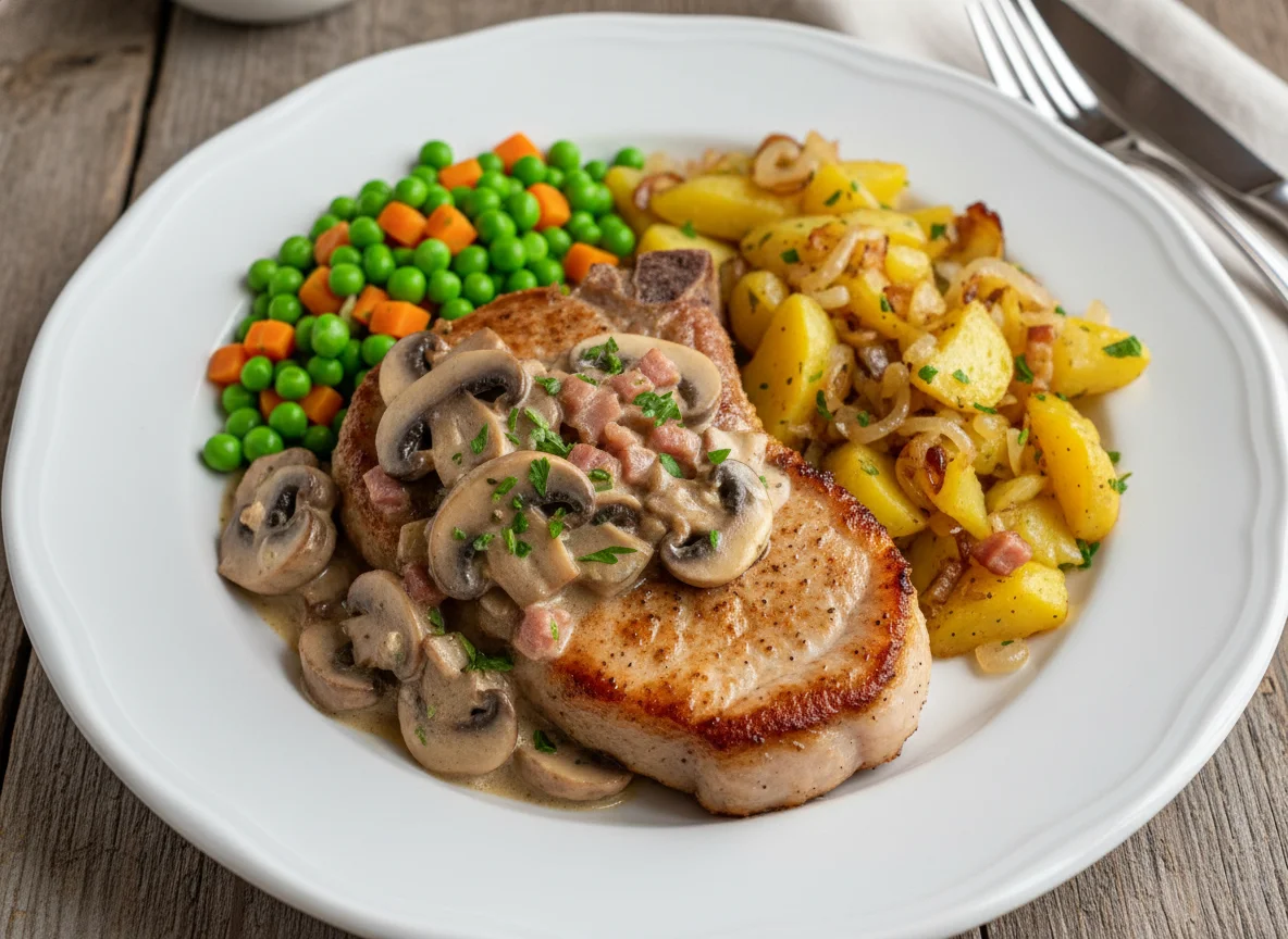 Schweinekotelett mit Pilzen, Kartoffeln und Erbsen-Karotten-Gemüse photo