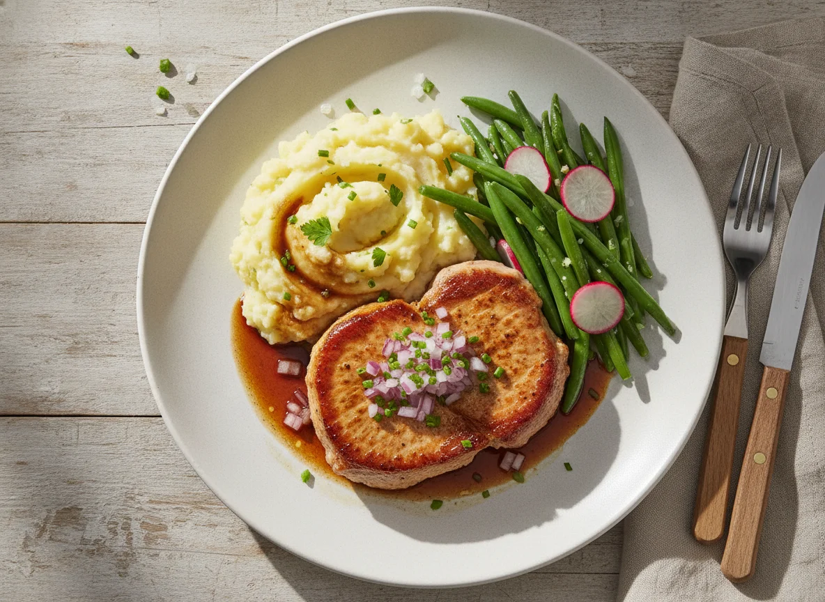 Schweinelachssteak mit Kartoffelstampf und grünen Bohnen photo