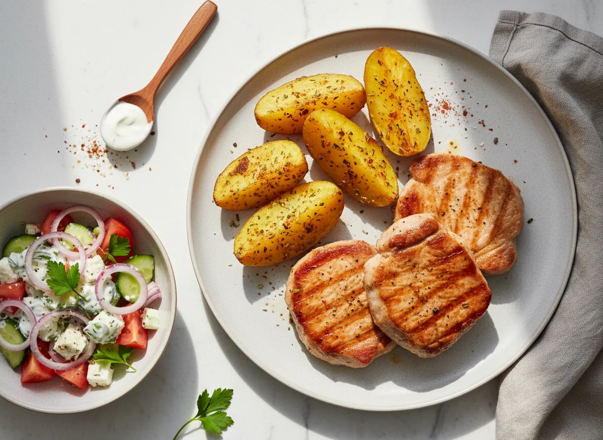 Schweinelachssteaks mit Ofenkartoffeln und Salat photo