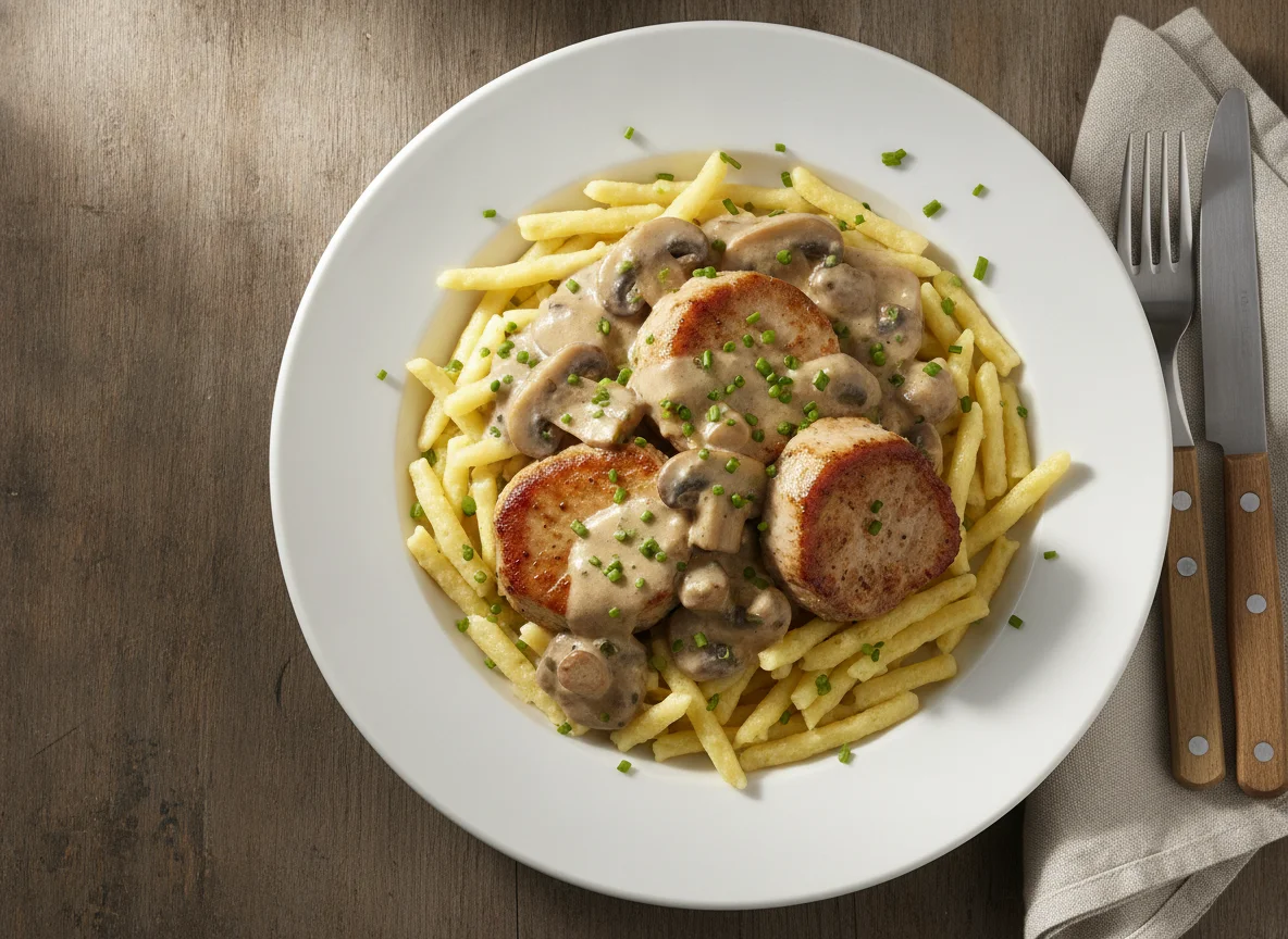Schweinelendchen mit Spätzle und Champignon-Rahmsauce photo