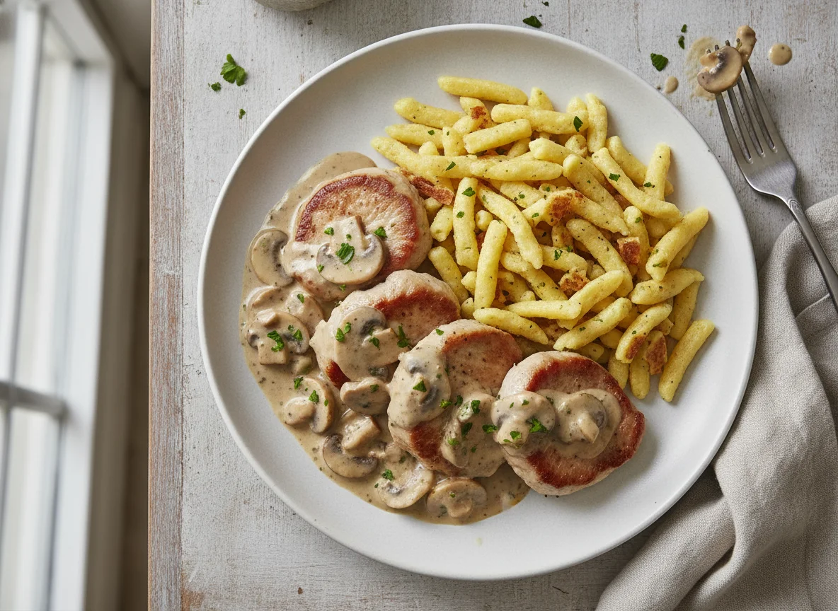Schweinelendchen mit Spätzle und Pilzrahmsoße photo