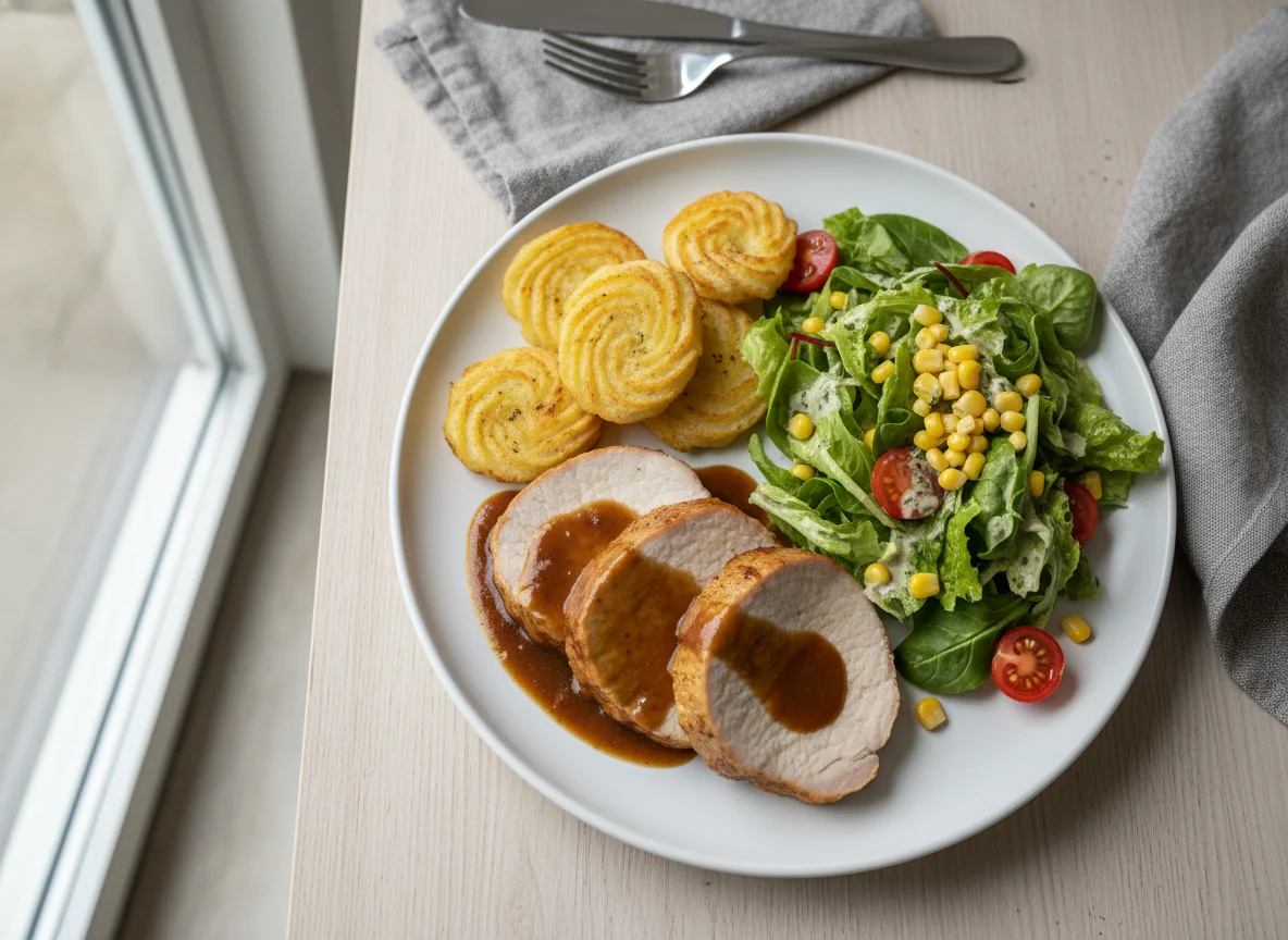 Schweinelende mit Herzoginkartoffeln und Salat photo