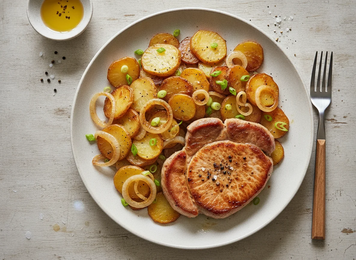 Schweinenackensteak mit Bratkartoffeln photo