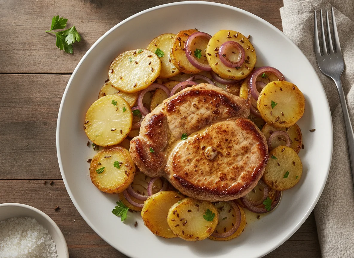 Schweinenackensteak mit Bratkartoffeln und Zwiebeln photo