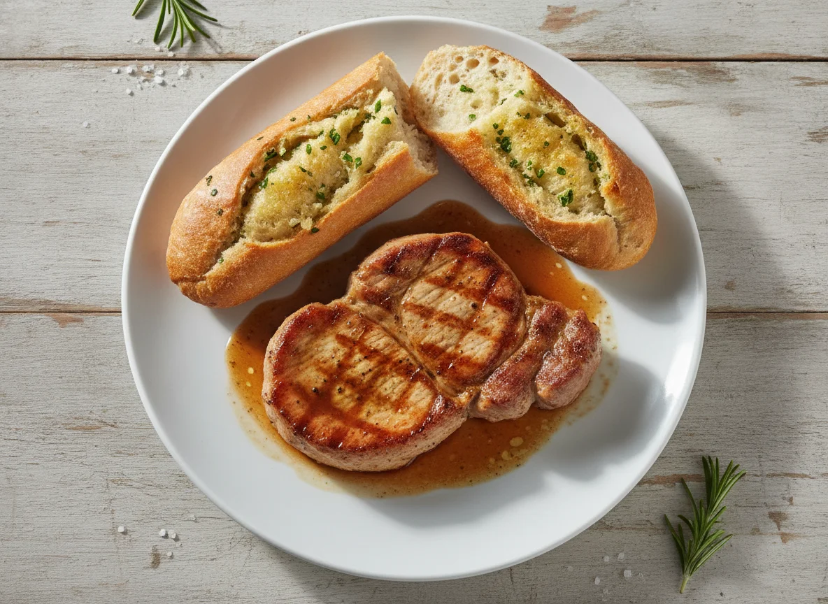 Schweinenackensteak mit Kräuterbaguette photo