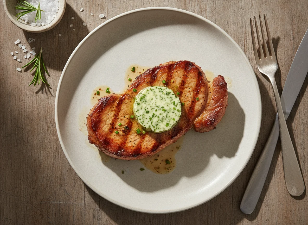 Schweinenackensteak mit Kräuterbutter photo
