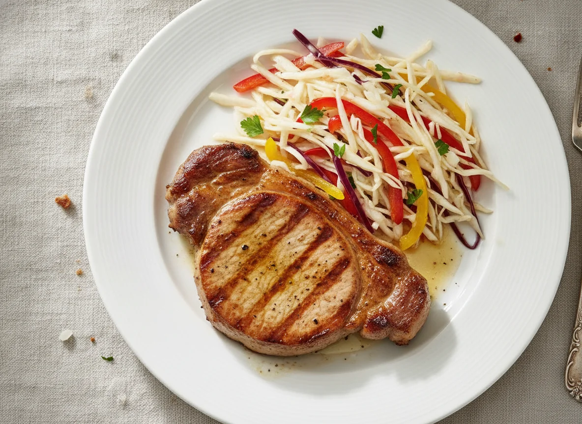 Schweinenackensteak mit Krautsalat photo