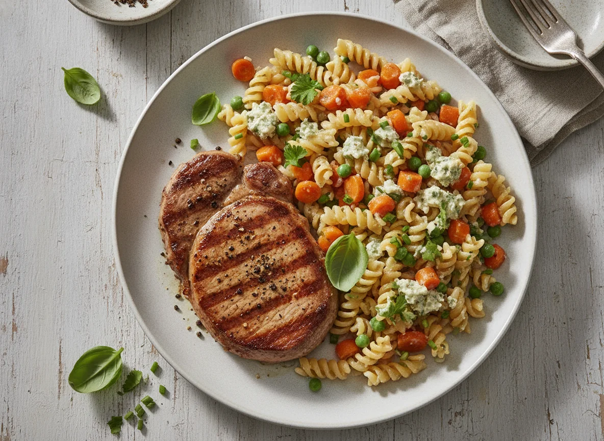 Schweinenackensteak mit Nudelsalat photo