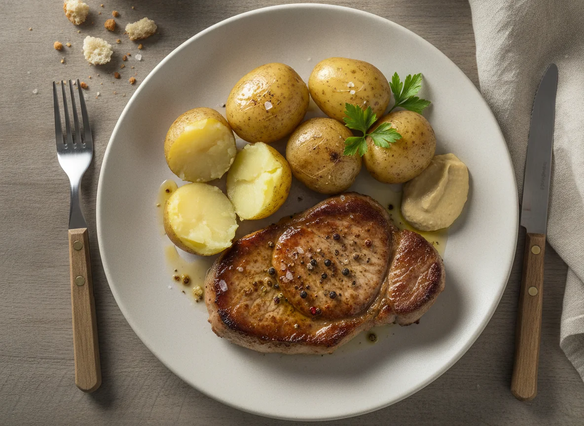 Schweinenackensteak mit Pellkartoffeln photo