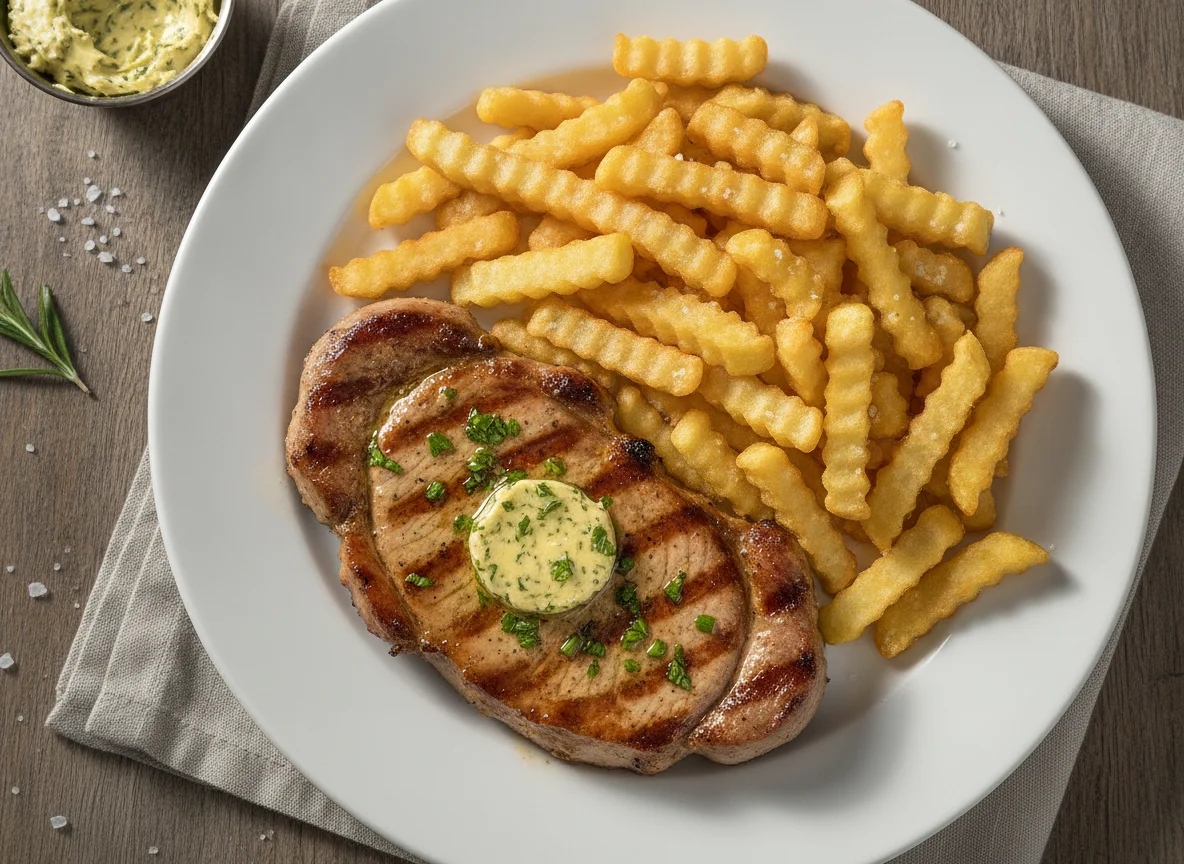 Schweinenackensteak mit Pommes Frites photo