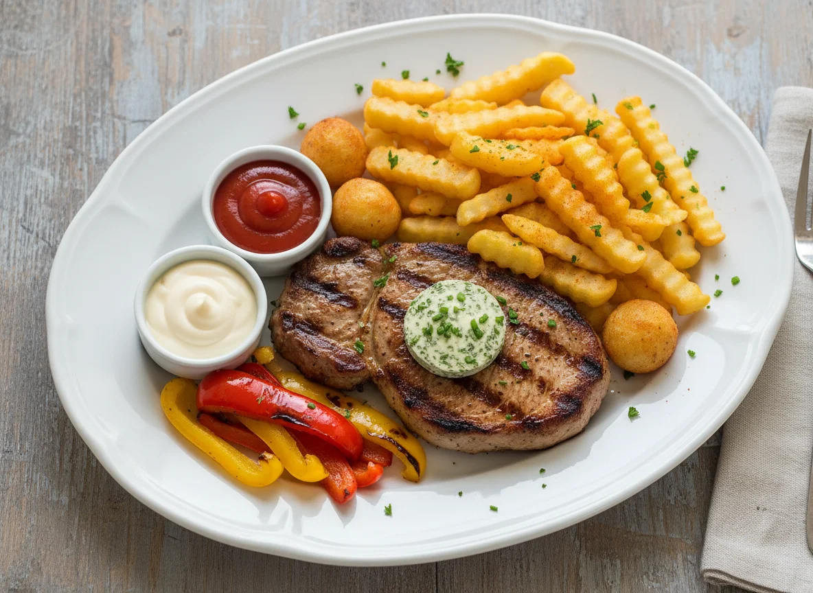 Schweinenackensteak mit Pommes und Paprika photo