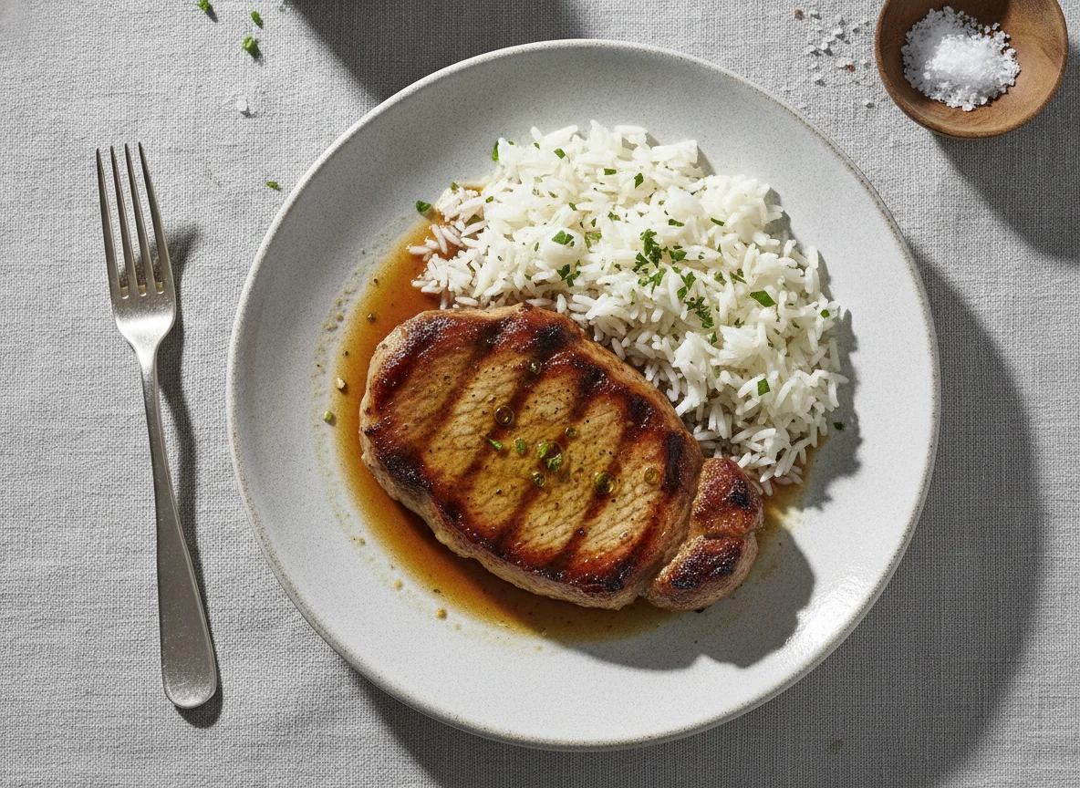 Schweinenackensteak mit Reis photo