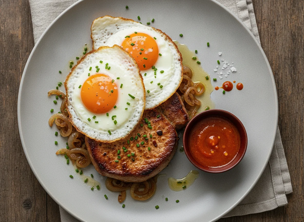 Schweinenackensteak mit Spiegeleiern photo