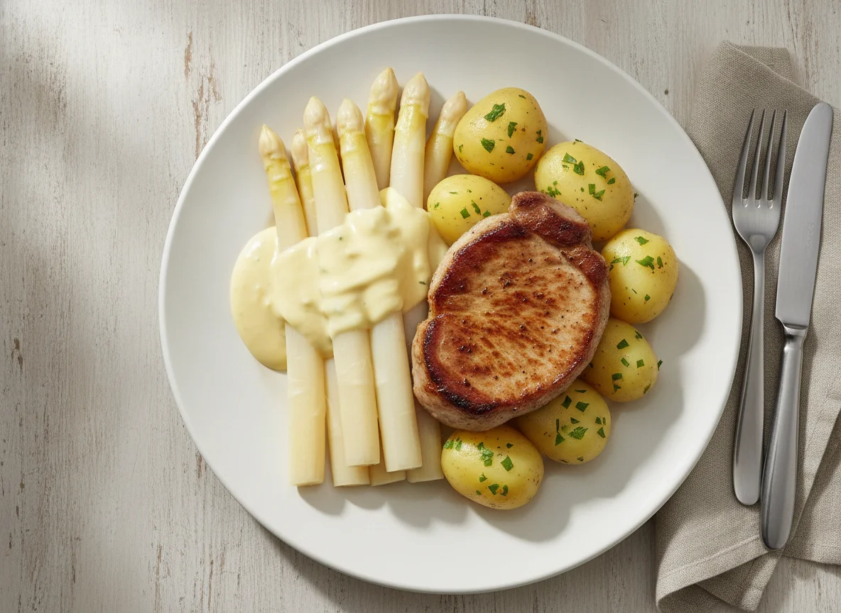Schweinerückensteak mit weißem Spargel und Salzkartoffeln photo
