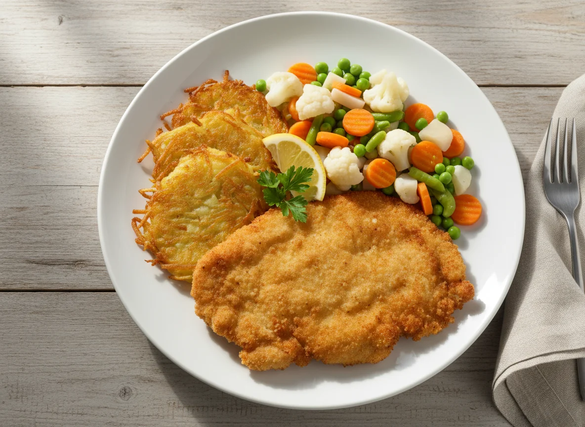 Schweineschnitzel mit Gemüsemischung und Kartoffelpuffer photo