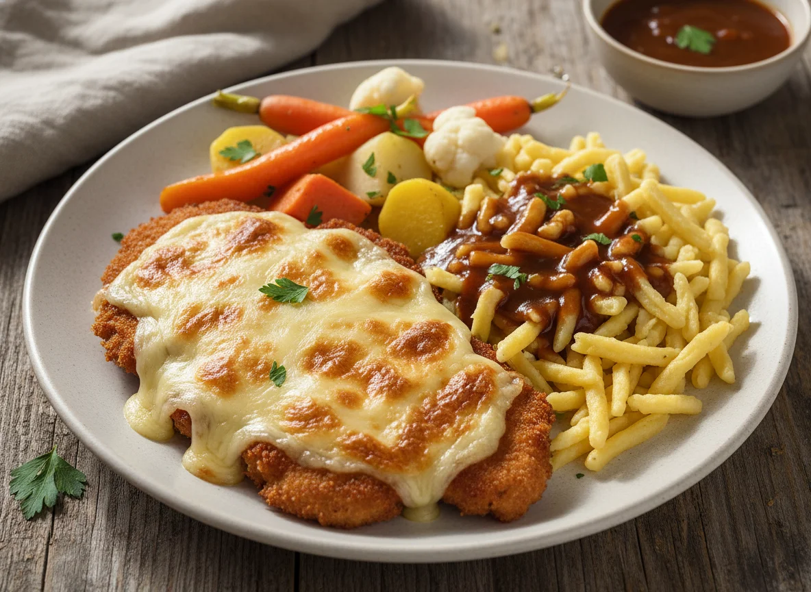 Schweineschnitzel mit Käse überbacken, Spätzle und Gemüse photo
