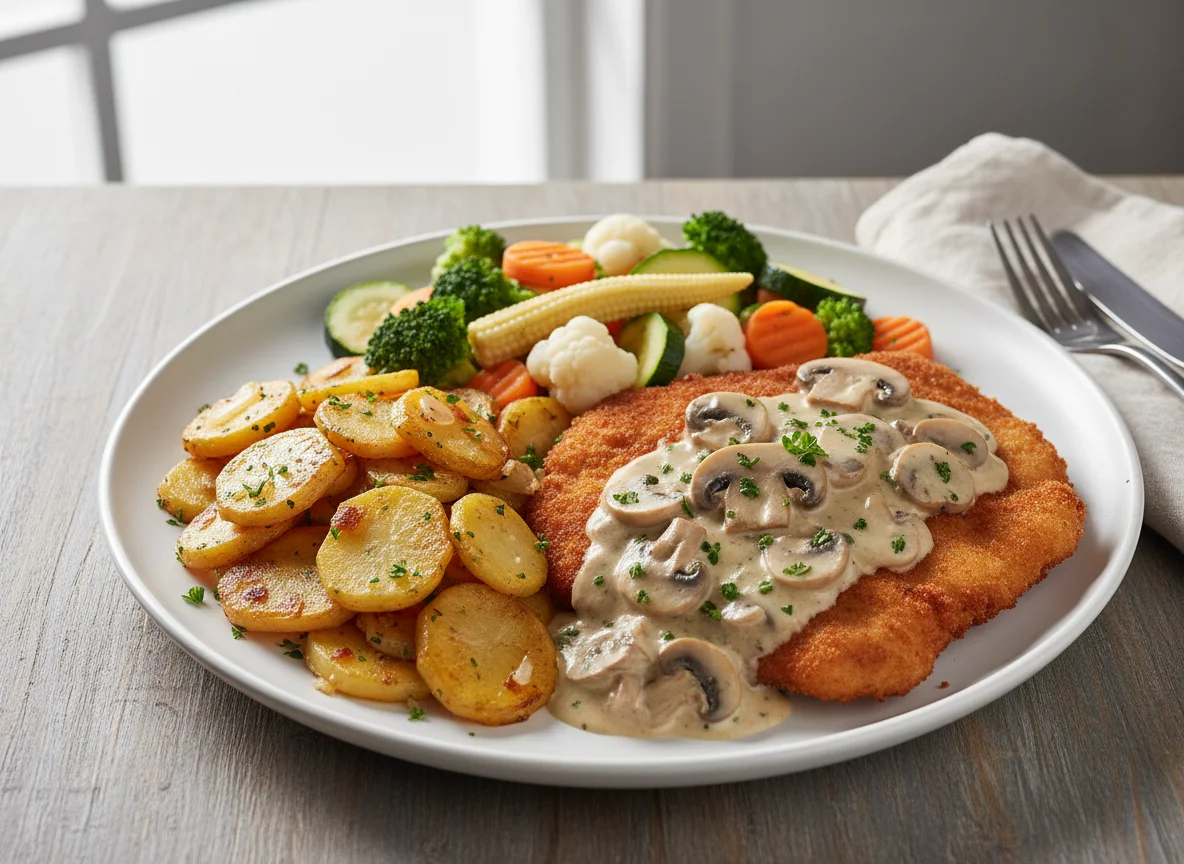 Schweineschnitzel mit Pilzrahmsauce, Bratkartoffeln und Gemüse photo