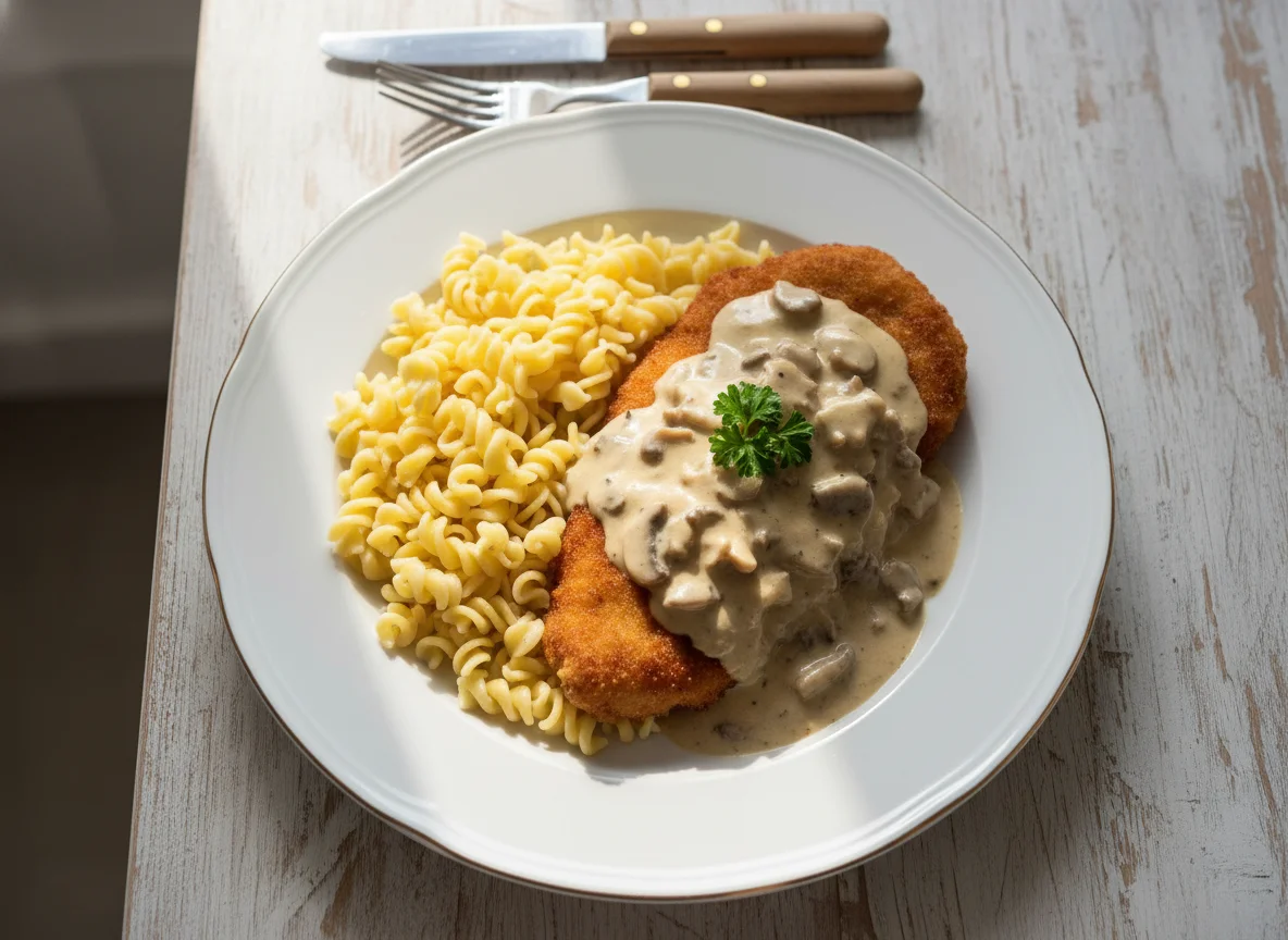 Schweineschnitzel mit Pilzrahmsauce und Eiernudeln photo