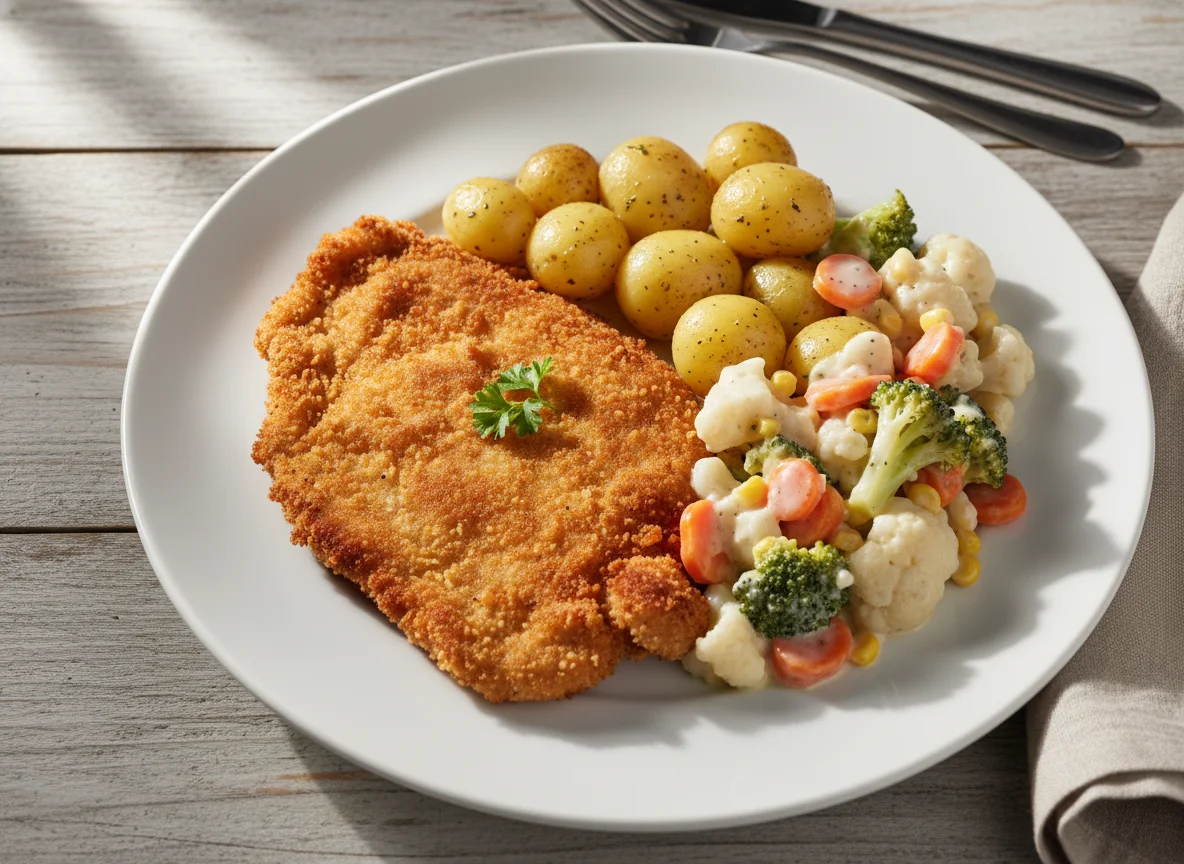 Schweineschnitzel mit Rahmgemüse und Kartoffeln photo