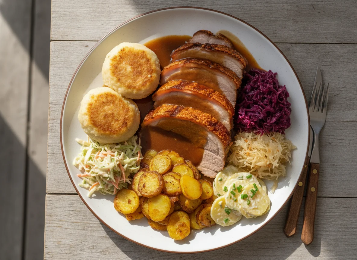 Schweinsbraten mit Beilagen photo