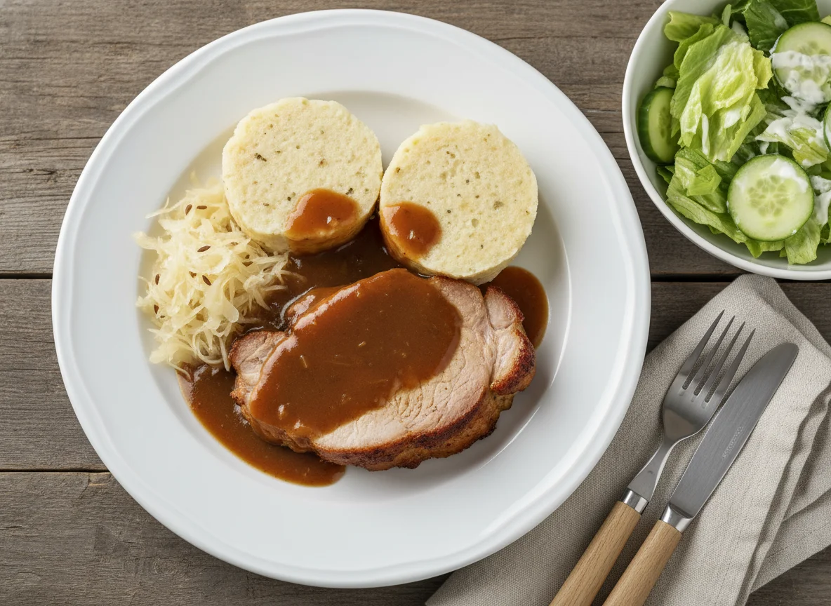 Schweinsbraten mit Knödel und Kraut, dazu Beilagensalat photo