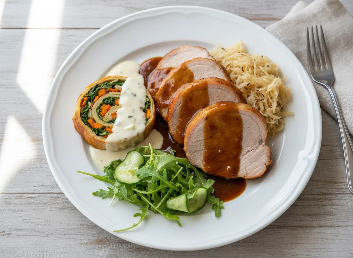 Schweinsbraten mit Kraut, Gemüsestrudel und Salat photo