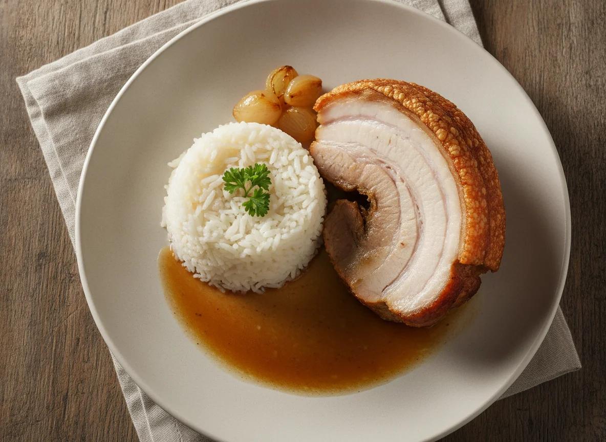 Schweinsbraten mit Reis und Natursaftl photo