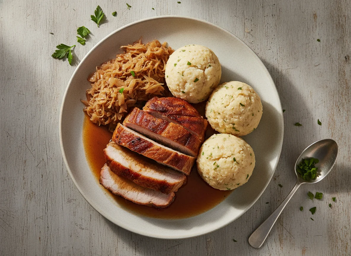 Schweinsbraten mit Sauerkraut und Semmelknödel photo