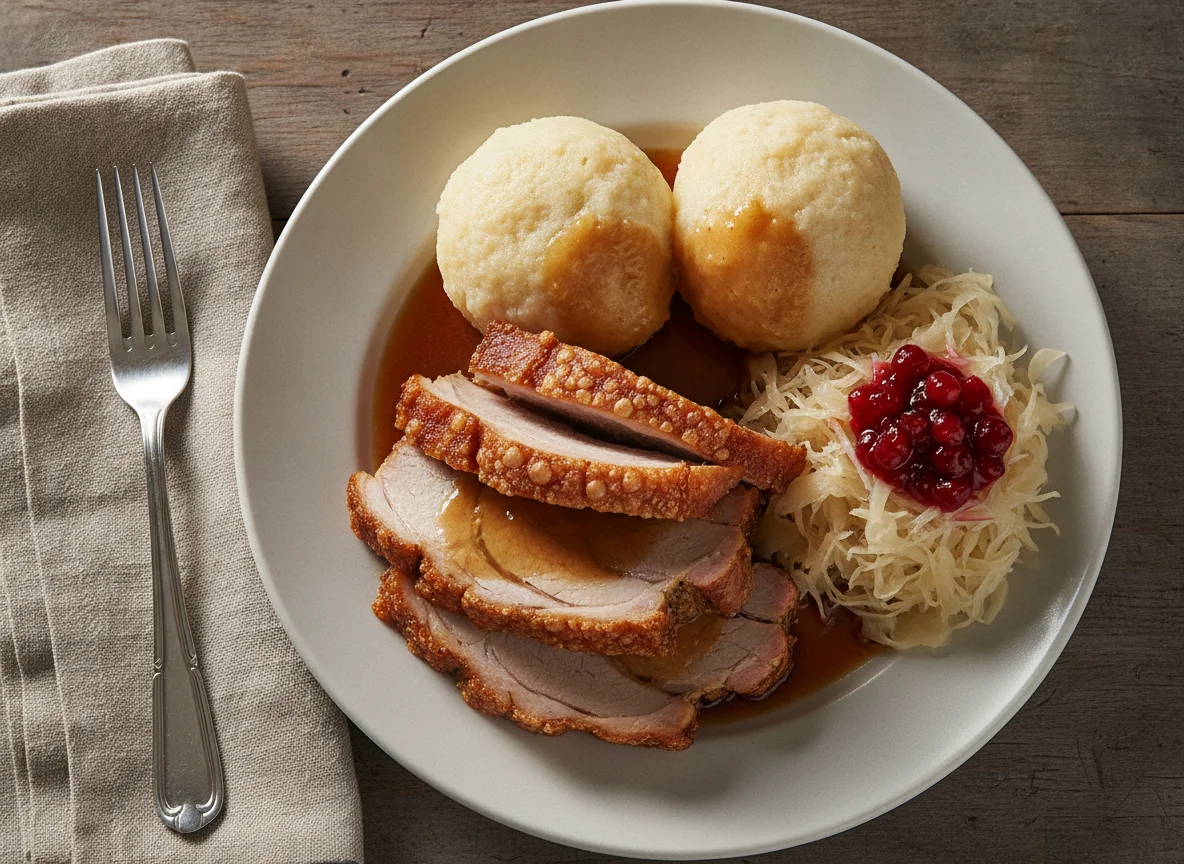 Schweinsbraten mit Semmelknödel, Sauerkraut und Preiselbeeren photo