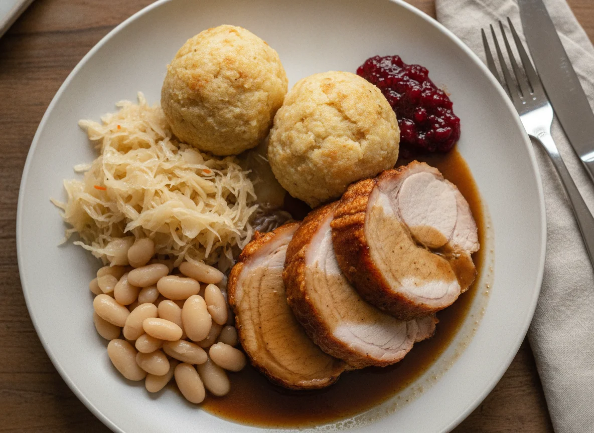Schweinsbraten mit Semmelknödel, Sauerkraut, weißen Bohnen und Preiselbeeren photo