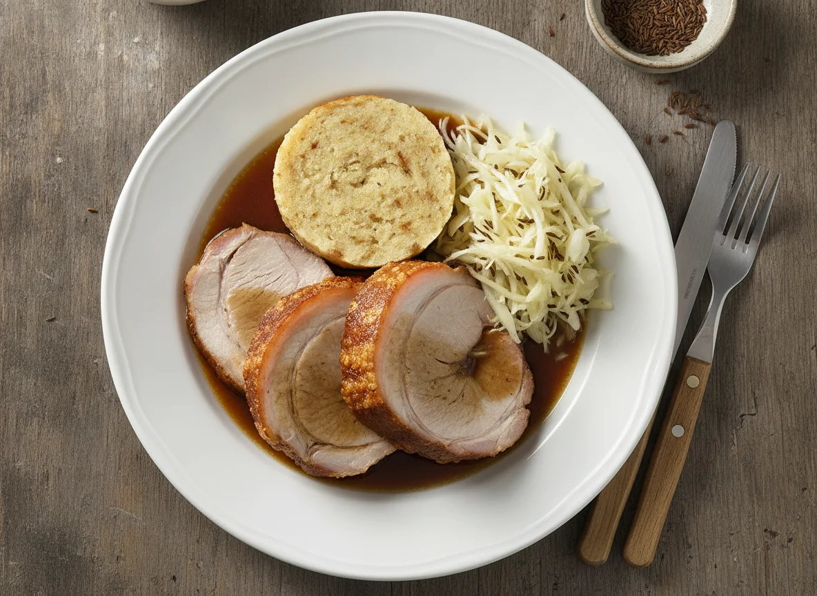 Schweinsbraten mit Semmelknödel und Krautsalat photo