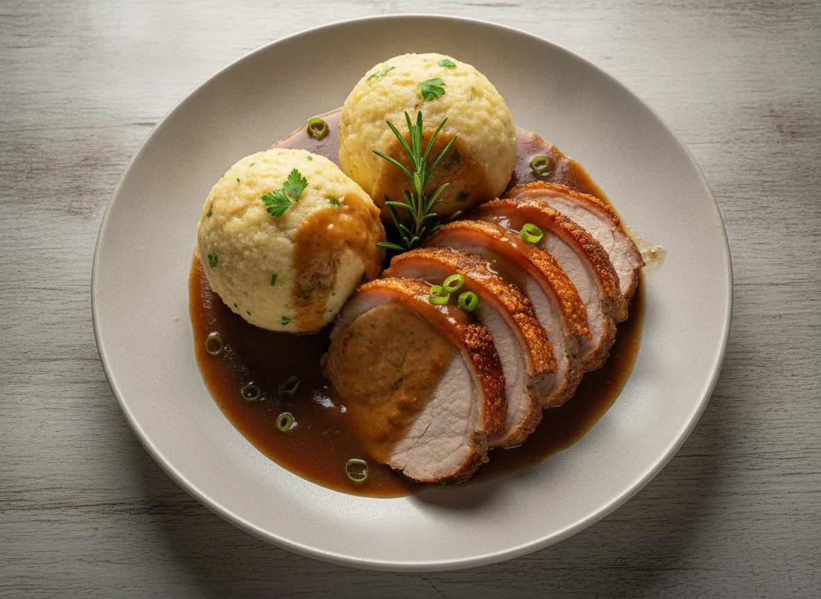Schweinsbraten mit Semmelknödel und Saft photo