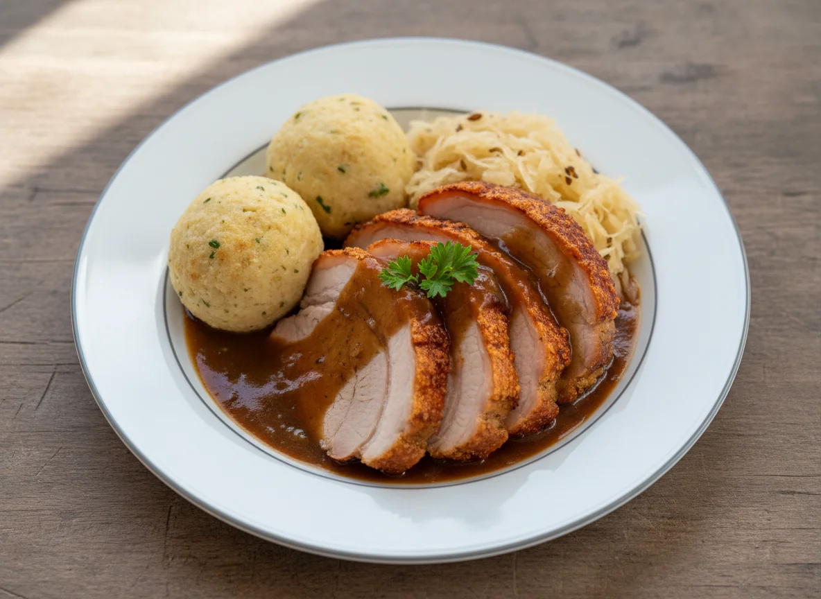 Schweinsbraten mit Semmelknödel und Sauerkraut photo