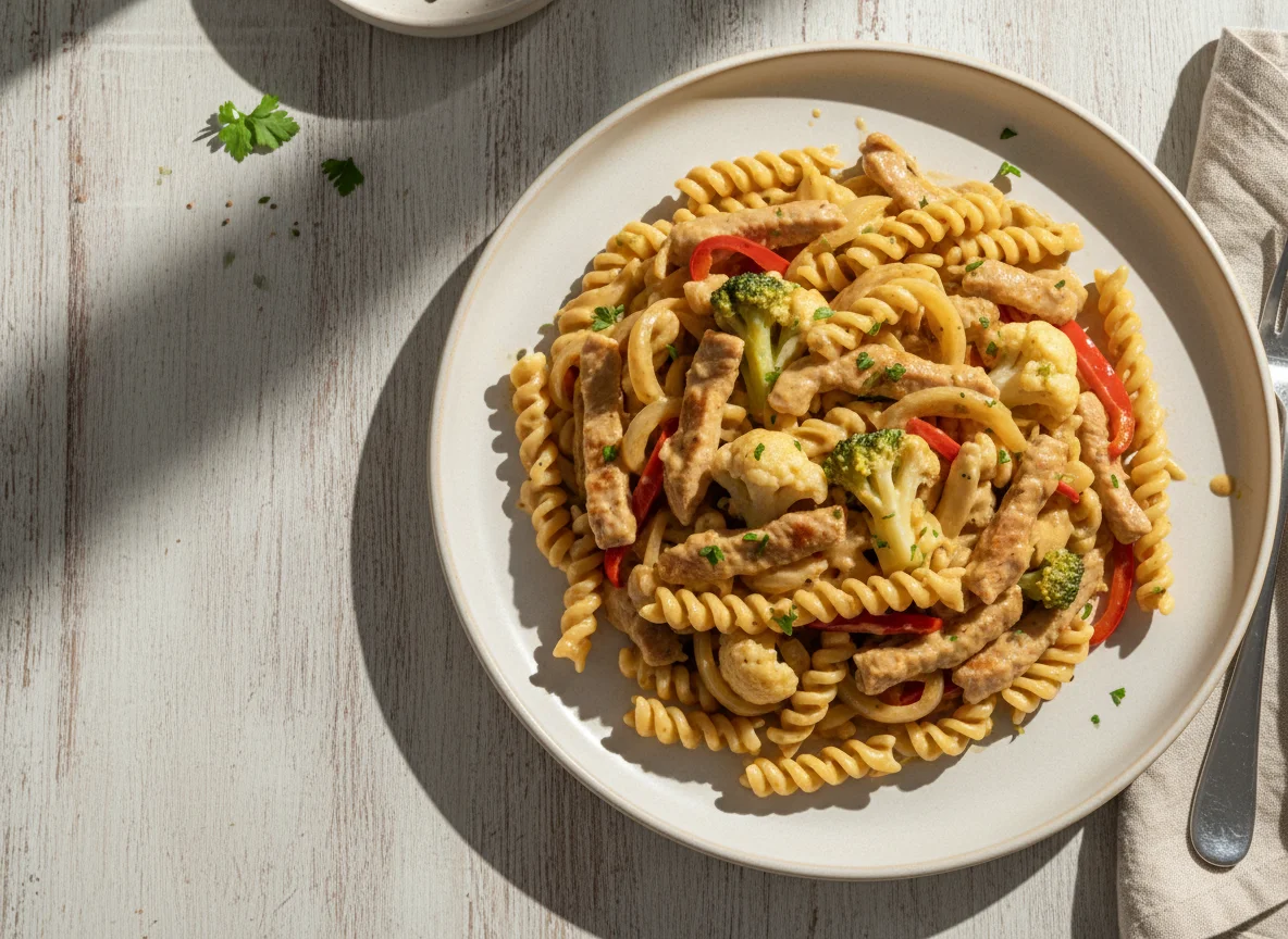 Schweinsgeschnetzeltes mit Nudeln und Gemüse photo