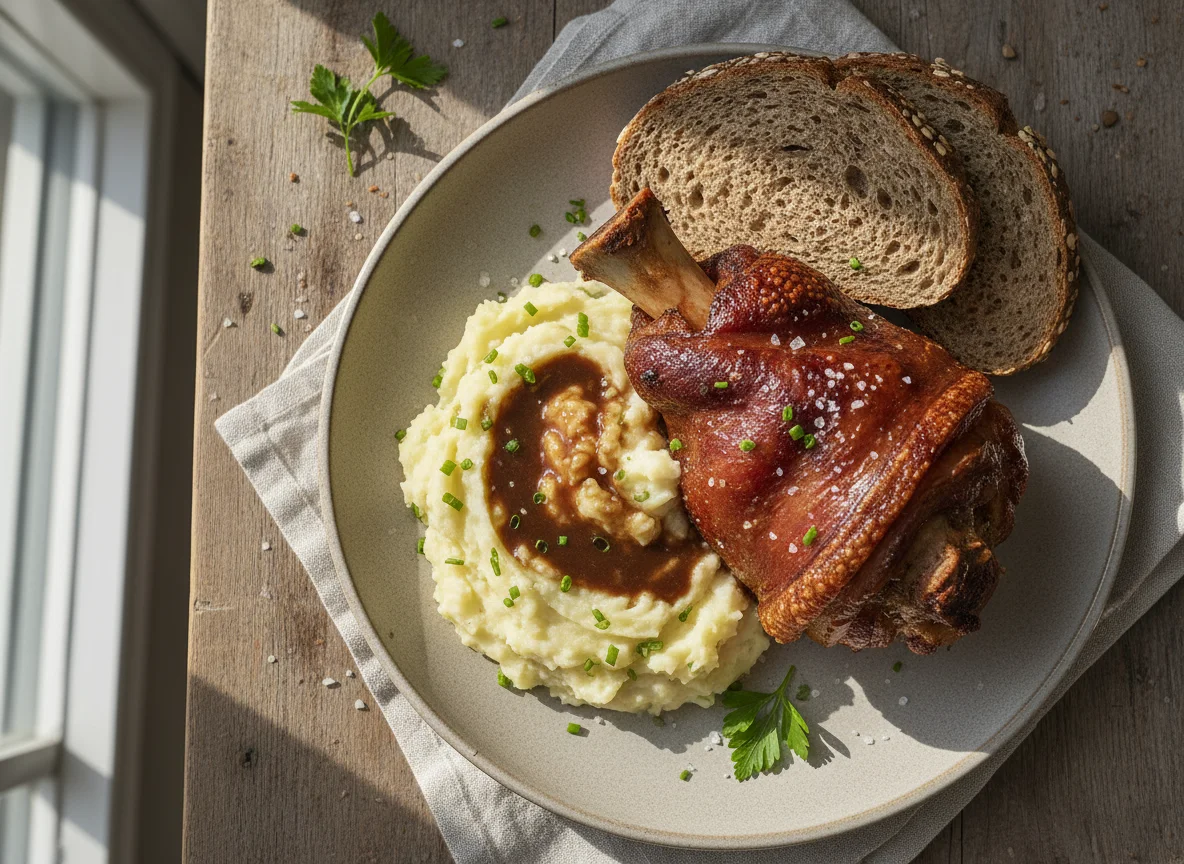 Schweinshaxe mit Kartoffelbrei und Brot photo