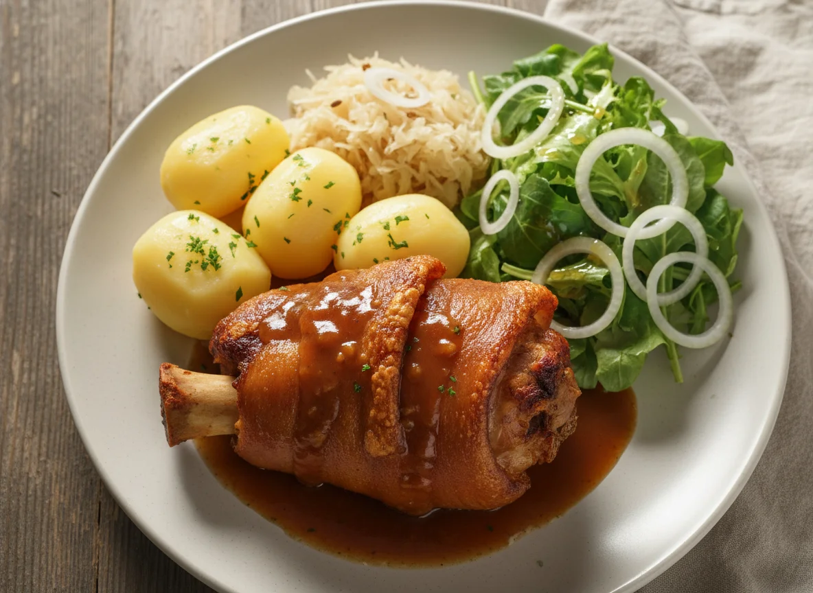 Schweinshaxe mit Kartoffeln, Sauerkraut und Salat photo