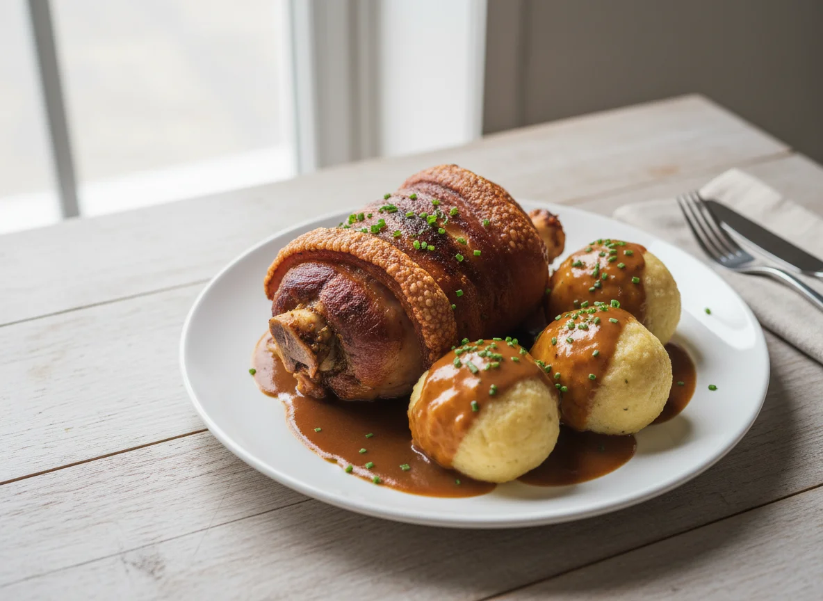 Schweinshaxe mit Knödel und Bratensoße photo