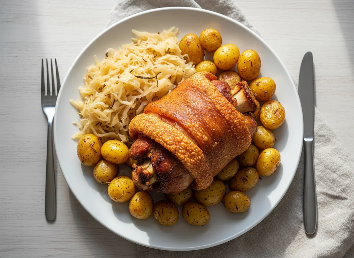 Schweinshaxe mit Sauerkraut und Kartoffeln photo