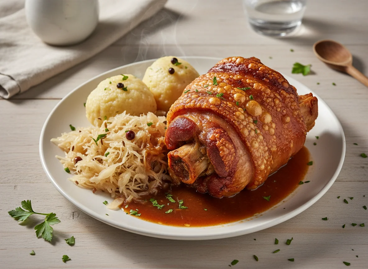 Schweinshaxe mit Sauerkraut und Knödel photo