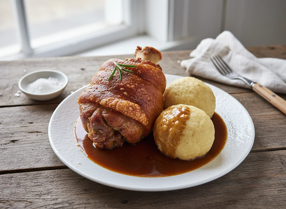 Schweinshaxe mit Semmelknödel und Bratensoße photo