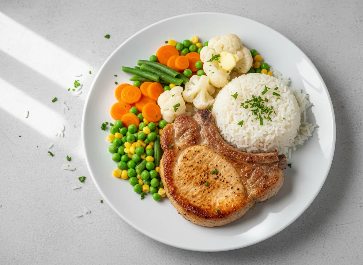 Schweinskaree mit Reis und Gemüse photo