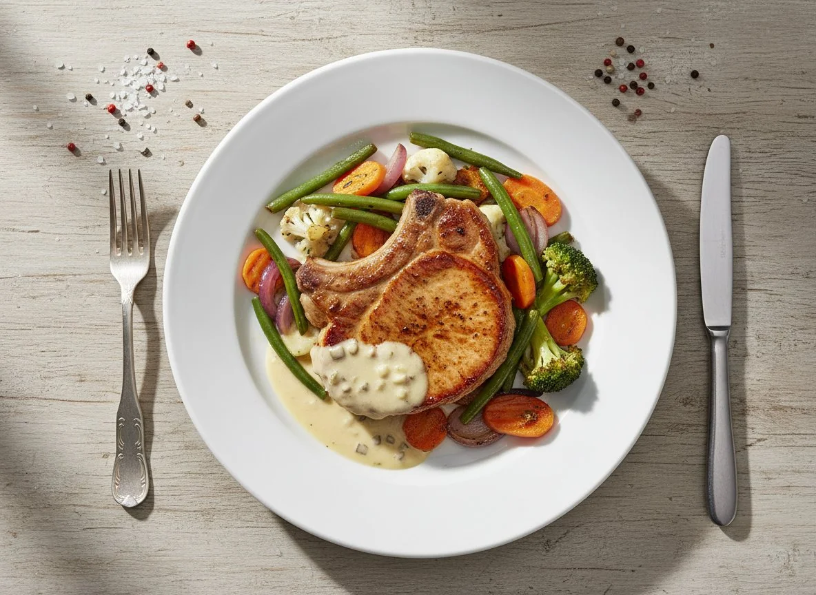 Schweinskotelett mit gebratenem Gemüse photo