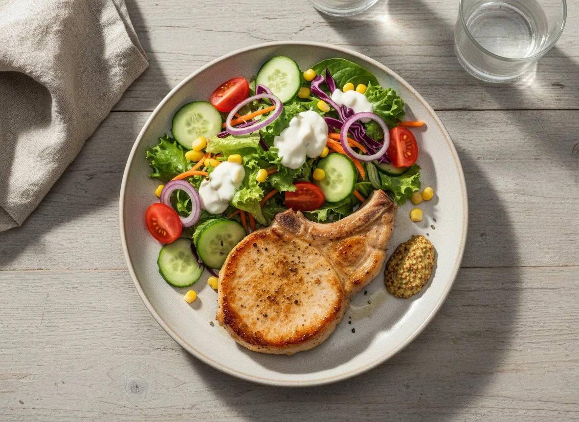Schweinskotelett mit gemischtem Salat photo