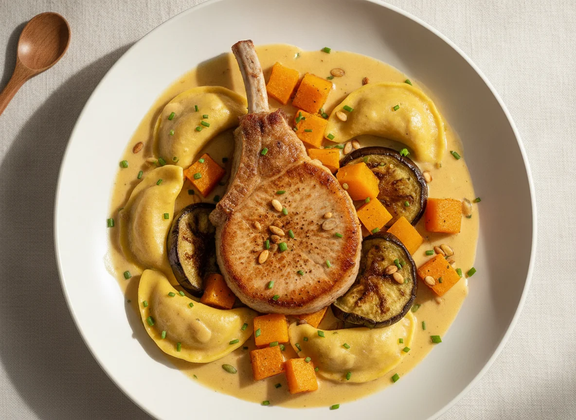 Schweinskotelett mit Kürbis, Ravioli und Aubergine photo